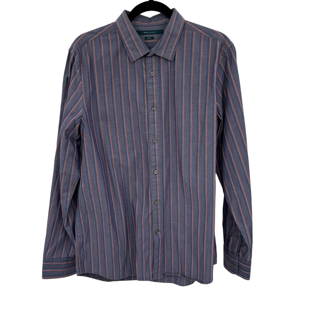 Perry Ellis LG Button Up Striped Casual Shirt Slim Fit Men Long Sleeve Blue
